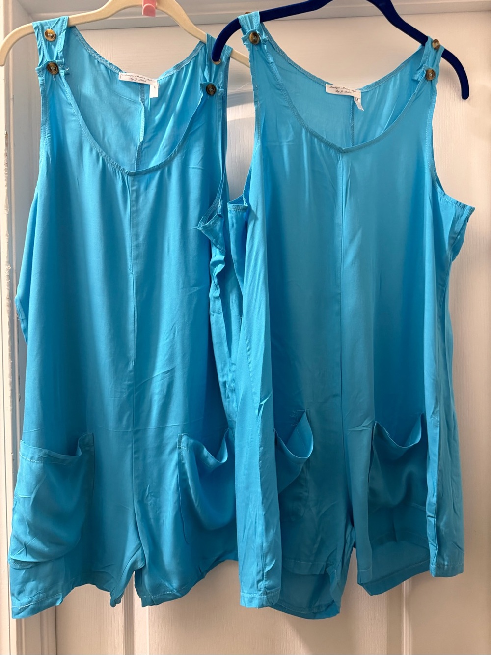 2-Light Blue Sleeveless Romper with Front Pockets